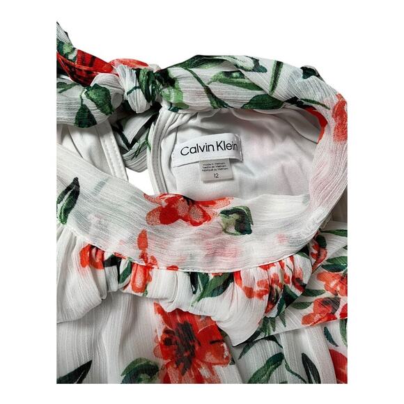 Calvin Klein Floral Print A-Line Halter Dress Chiffon Smocked Waist Tie at Back - Picture 12 of 14